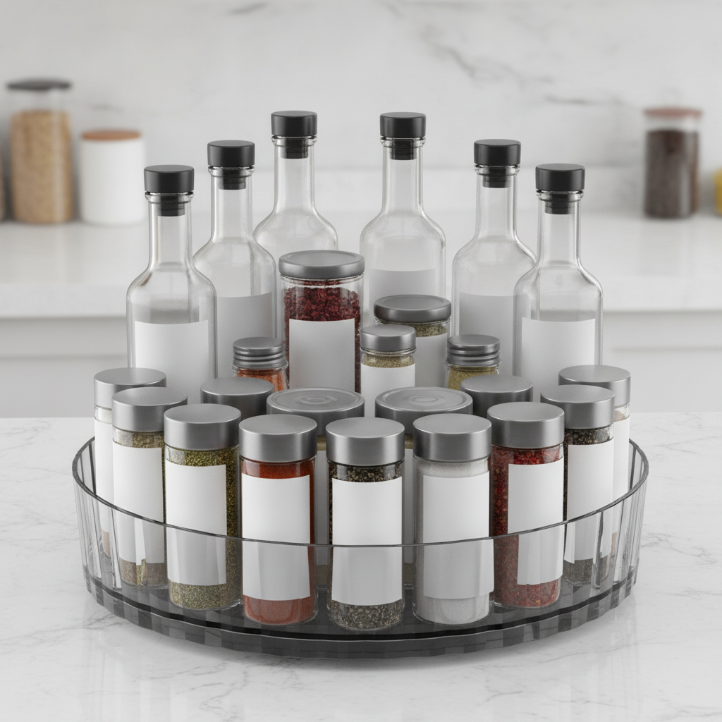Turntable organizer holding assorted generic spice jars and bottles on counter