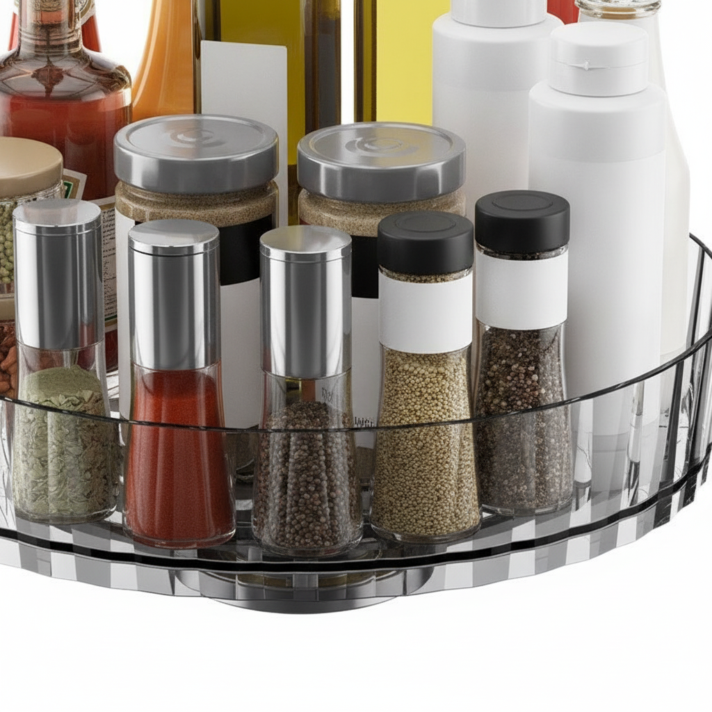 Close-up of rotating base and black wire rim of the turntable organizer