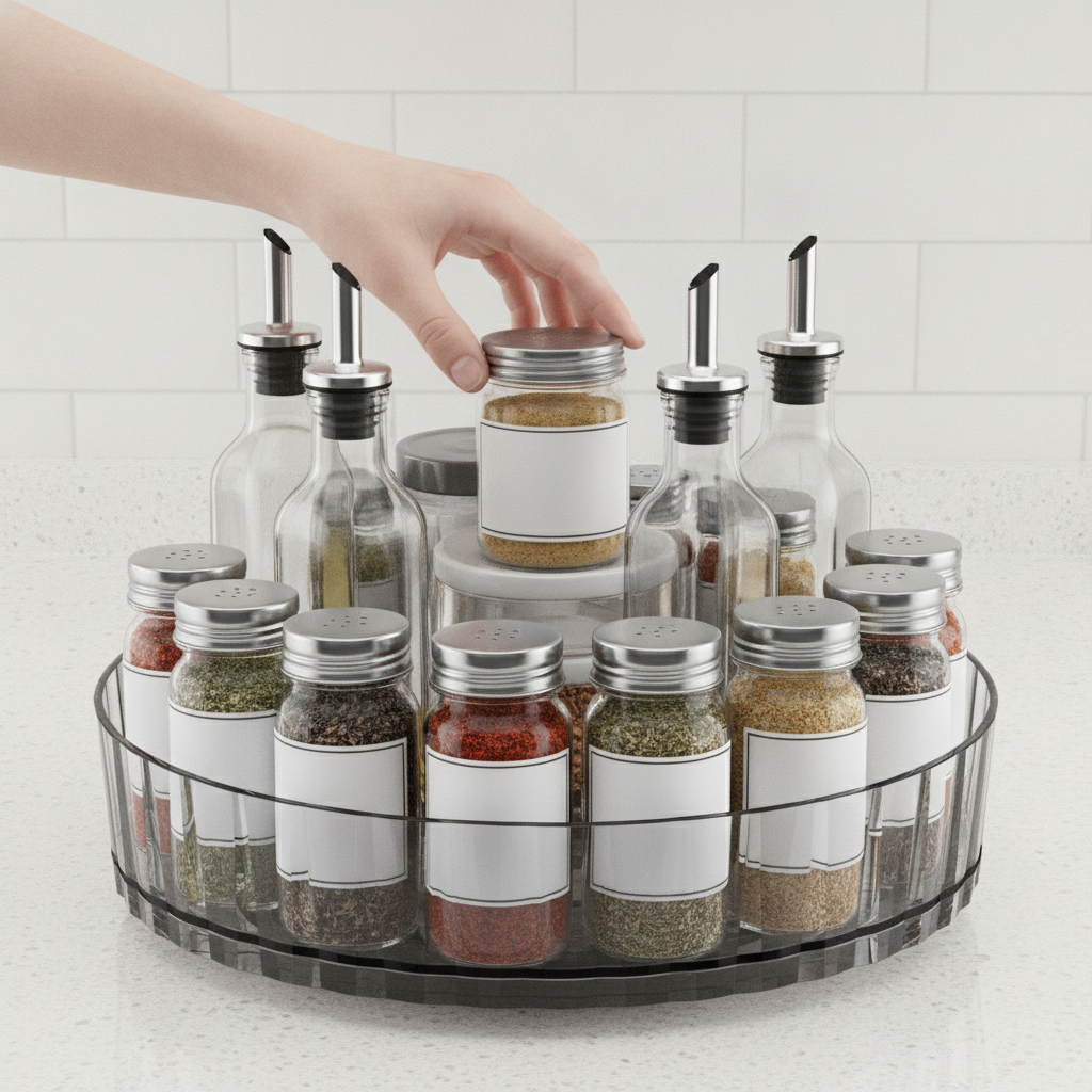 Hand spinning the loaded turntable to reach a jar at the back