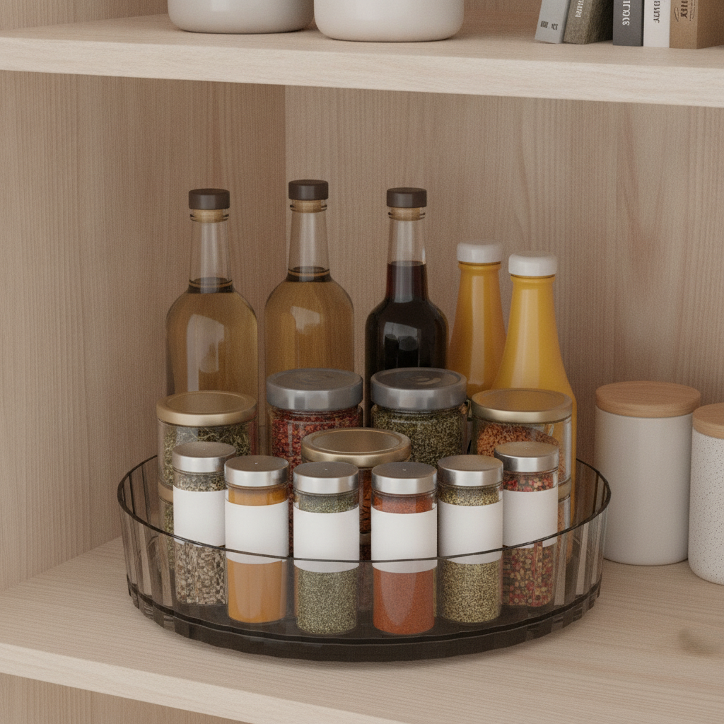 Turntable organizer with generic jars on a tidy pantry shelf