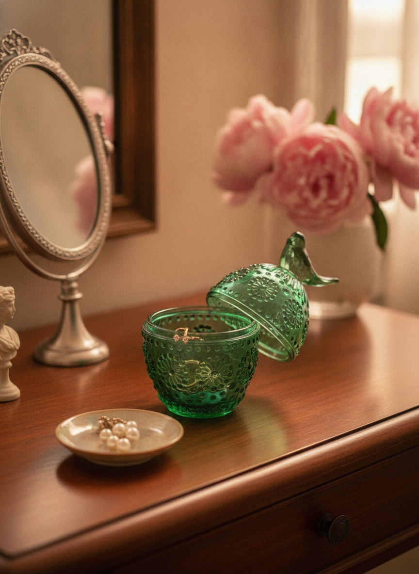 Open green glass keepsake jar on a vanity holding rings beside a hand mirror
