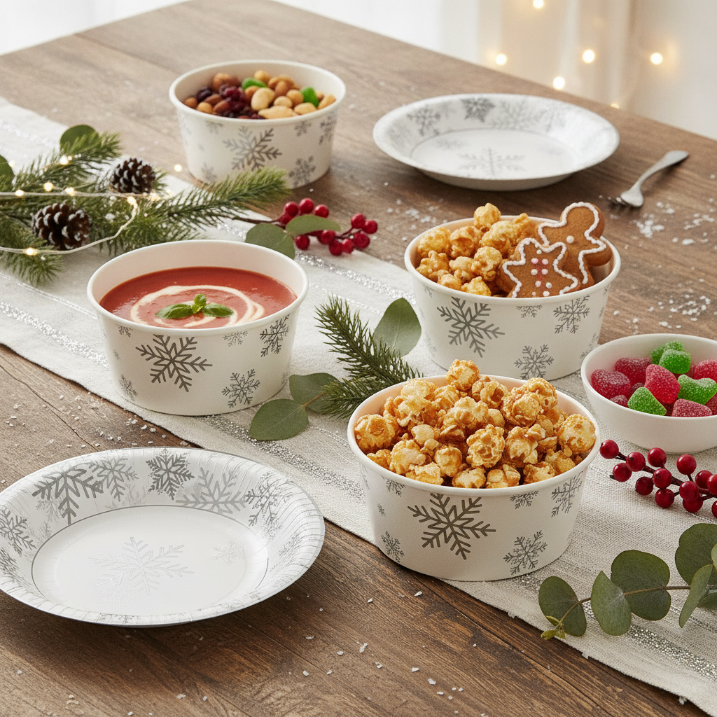 Silver snowflake paper bowls holding food on a festive Christmas table
