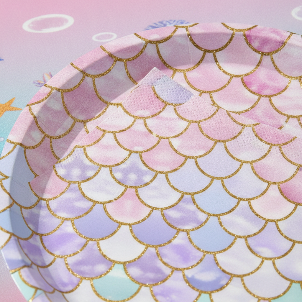 Macro close-up of iridescent mermaid scale paper plate and napkin print