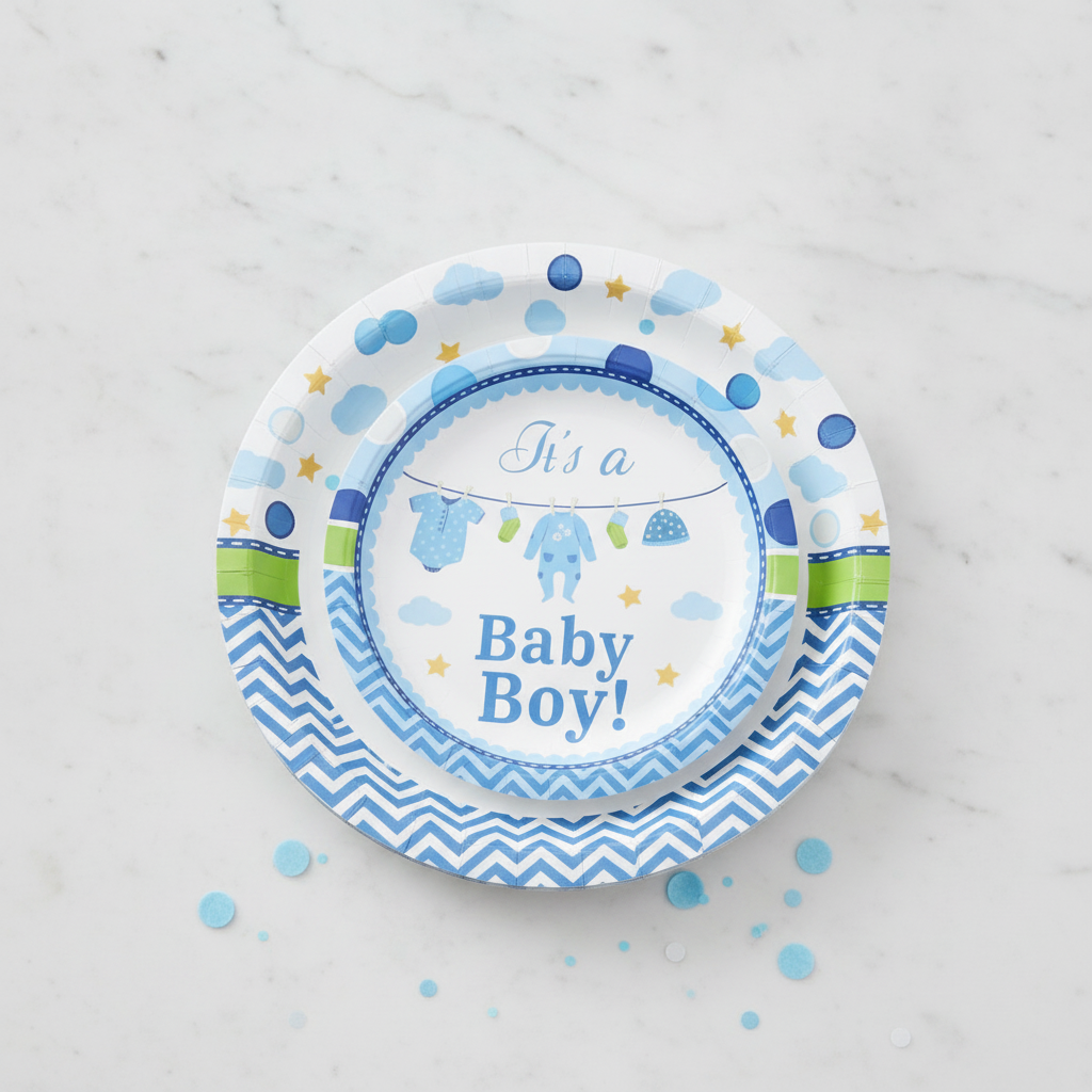 Stack of blue baby boy printed paper plates in two sizes on marble