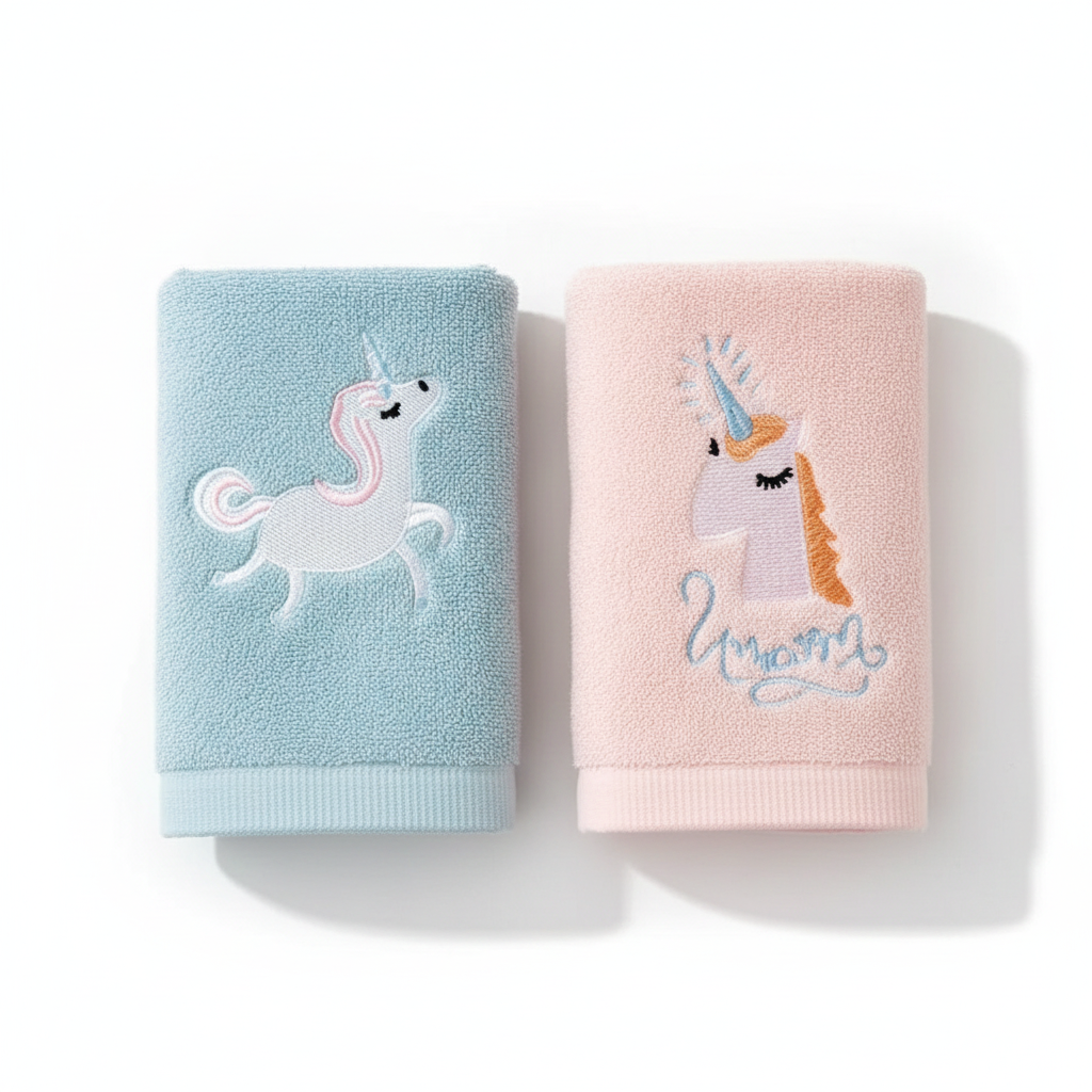 Pink and blue unicorn embroidered plush cotton towels folded on white background