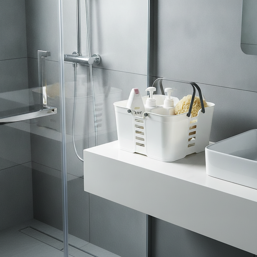Shower caddy organizer holding shampoo and body wash on a modern bathroom shelf