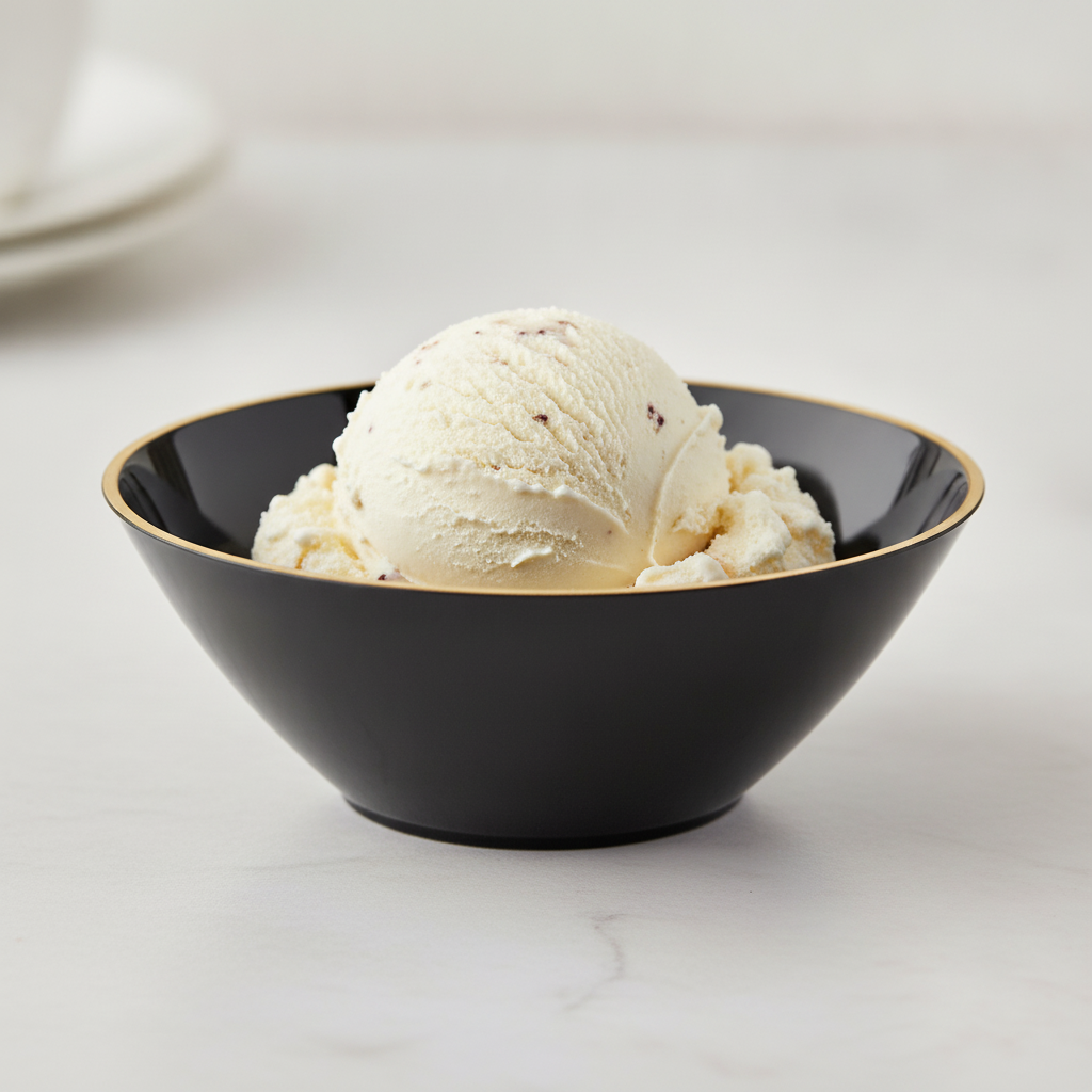 Close-up of a black gold-rim plastic dessert bowl with ice cream showing glossy plastic