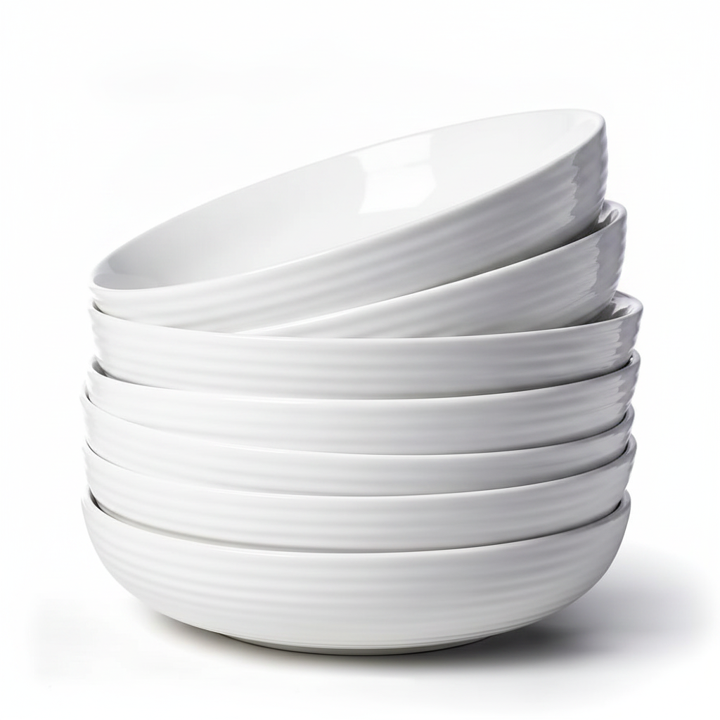 Set of six white porcelain ribbed pasta bowls stacked on white