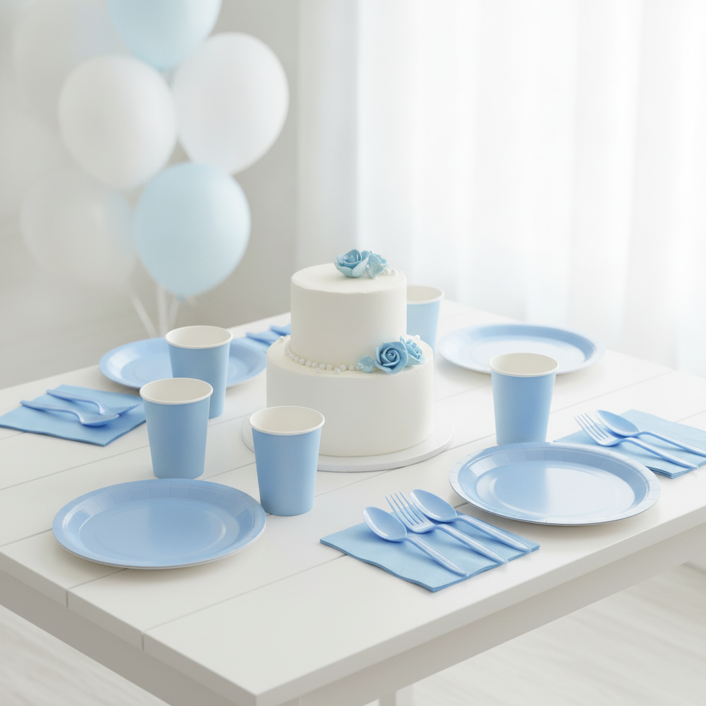 Baby shower tablescape with baby blue paper dinnerware, cake and balloons