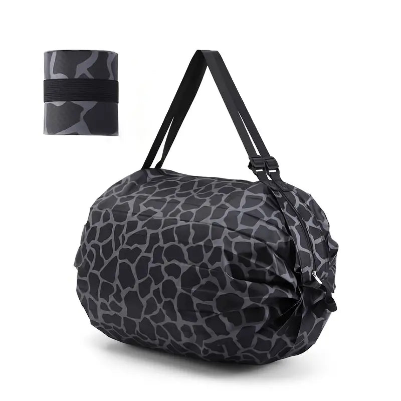 Foldable reusable shopping tote shown open and rolled into its compact pouch
