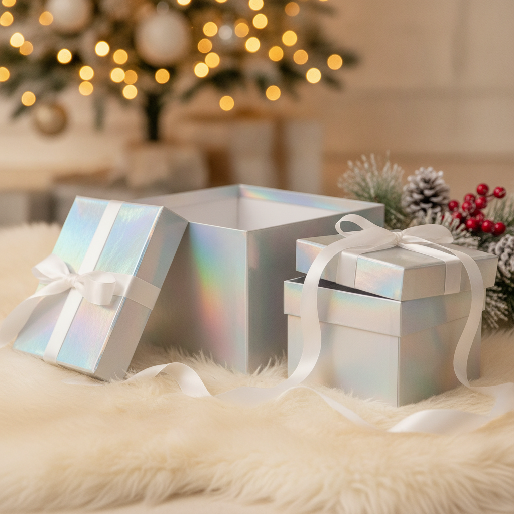 Holographic silver gift boxes in a festive holiday display with greenery and lights