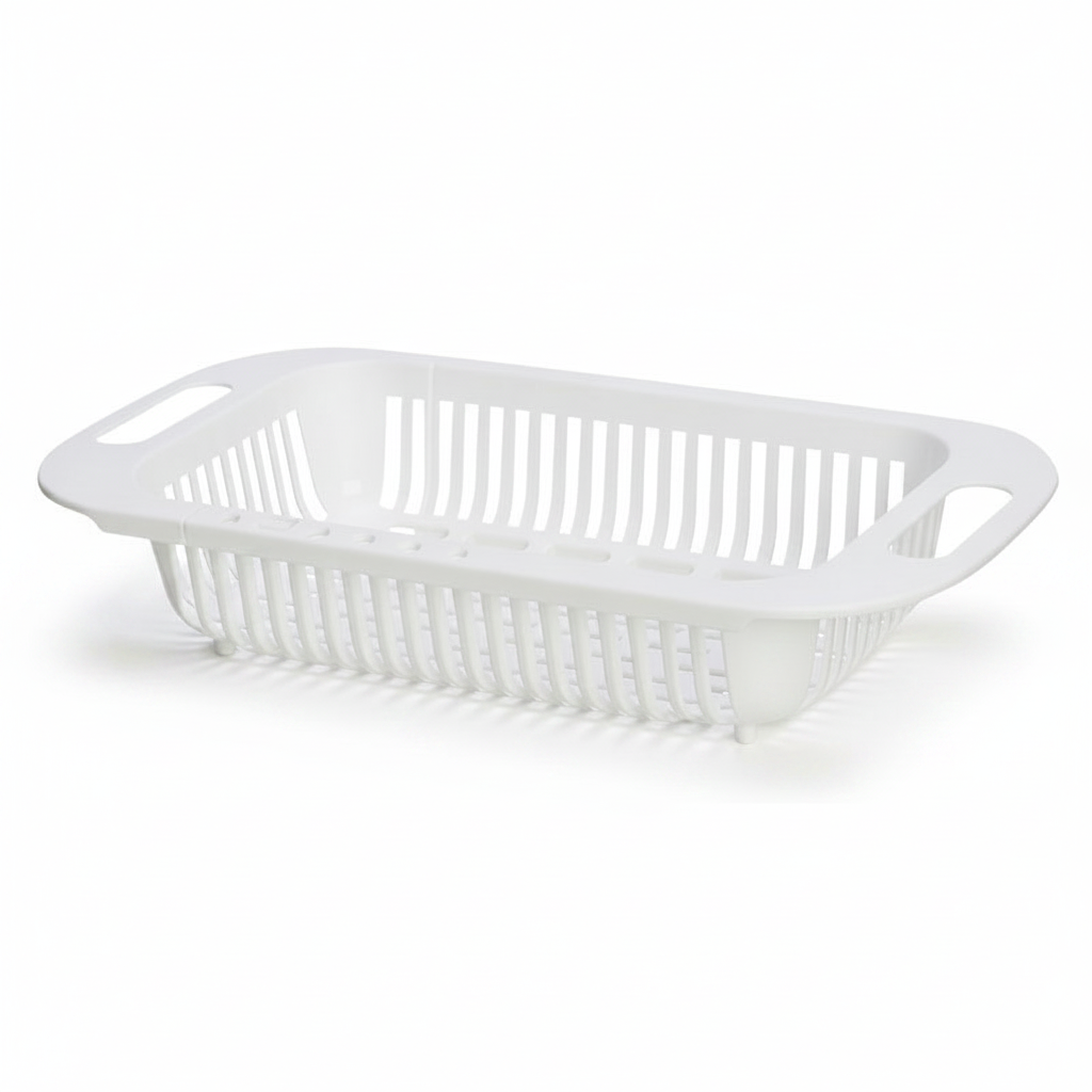 Snagly retractable plastic vegetable draining colander basket on white background