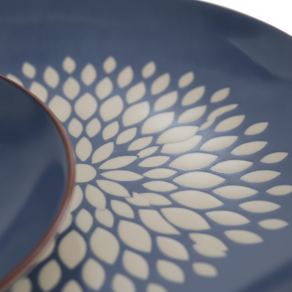 Macro detail of glossy glazed ceramic petal-burst wall plate
