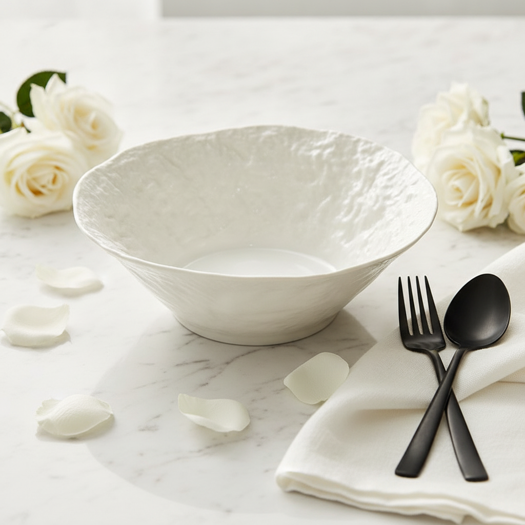 Rock-textured white porcelain serving bowl with gentle wavy rim on marble hero