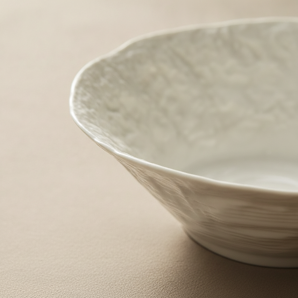 Macro of the bowl's gentle wavy rim and fine rippled texture