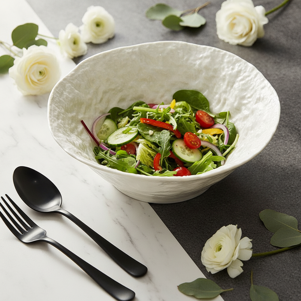 White porcelain bowl holding a fresh green salad