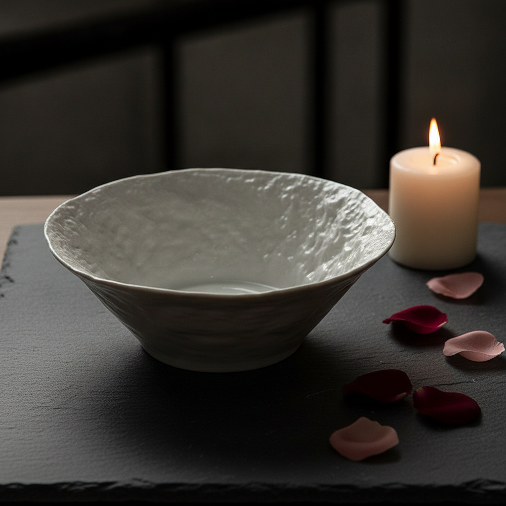 Moody shot of the white wavy-rim bowl on slate with candle