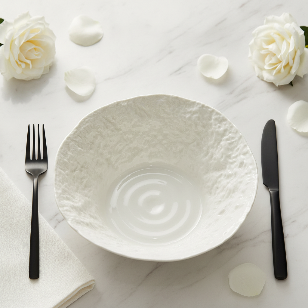 Overhead flat-lay place setting with the wavy-rim bowl