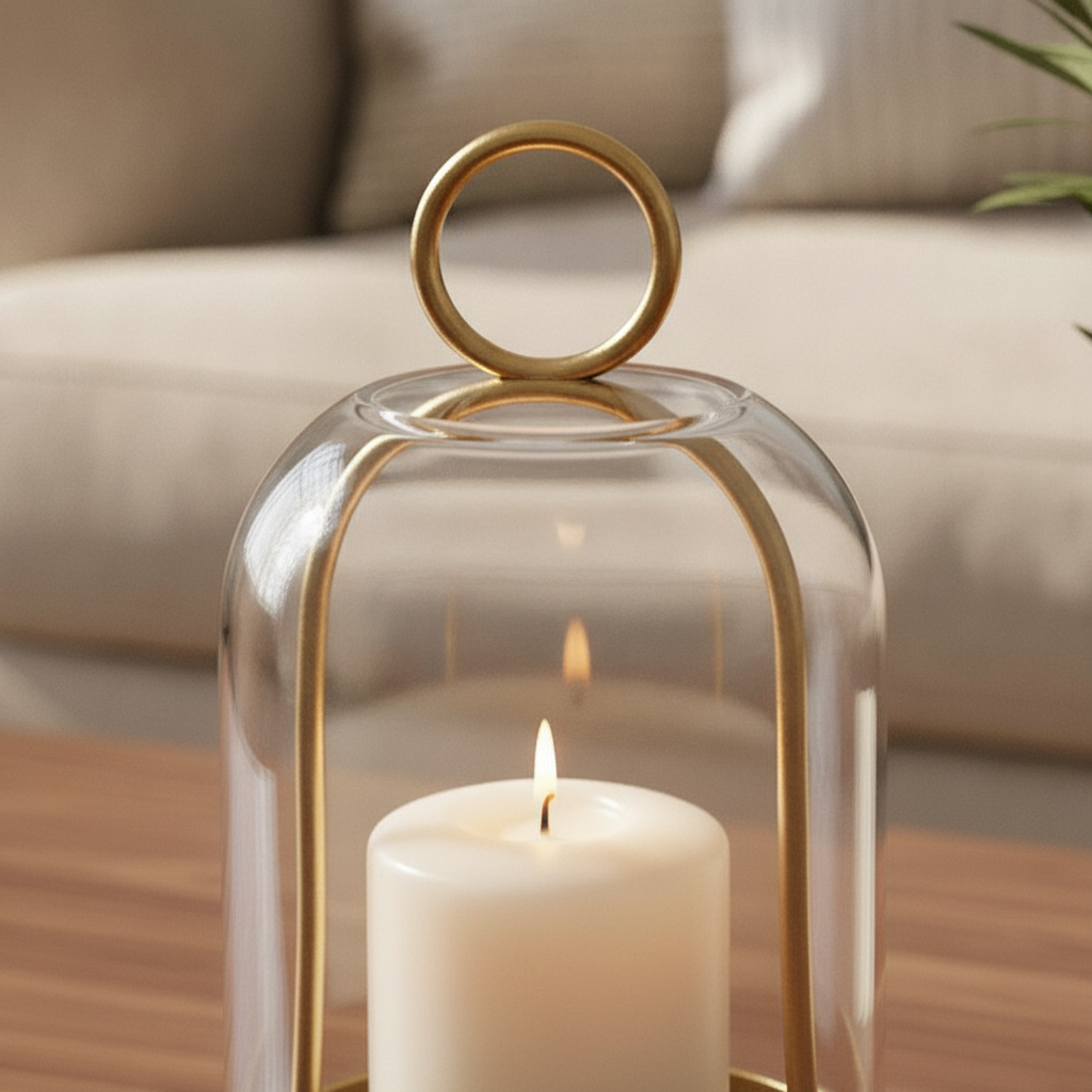 Close-up through the clear hand-blown glass dome with candle flame glowing inside