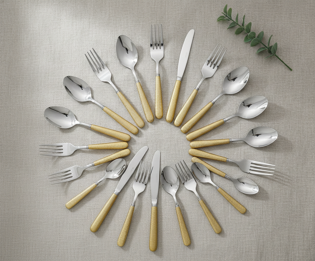 Overhead flat-lay of the full gold-handle silverware set