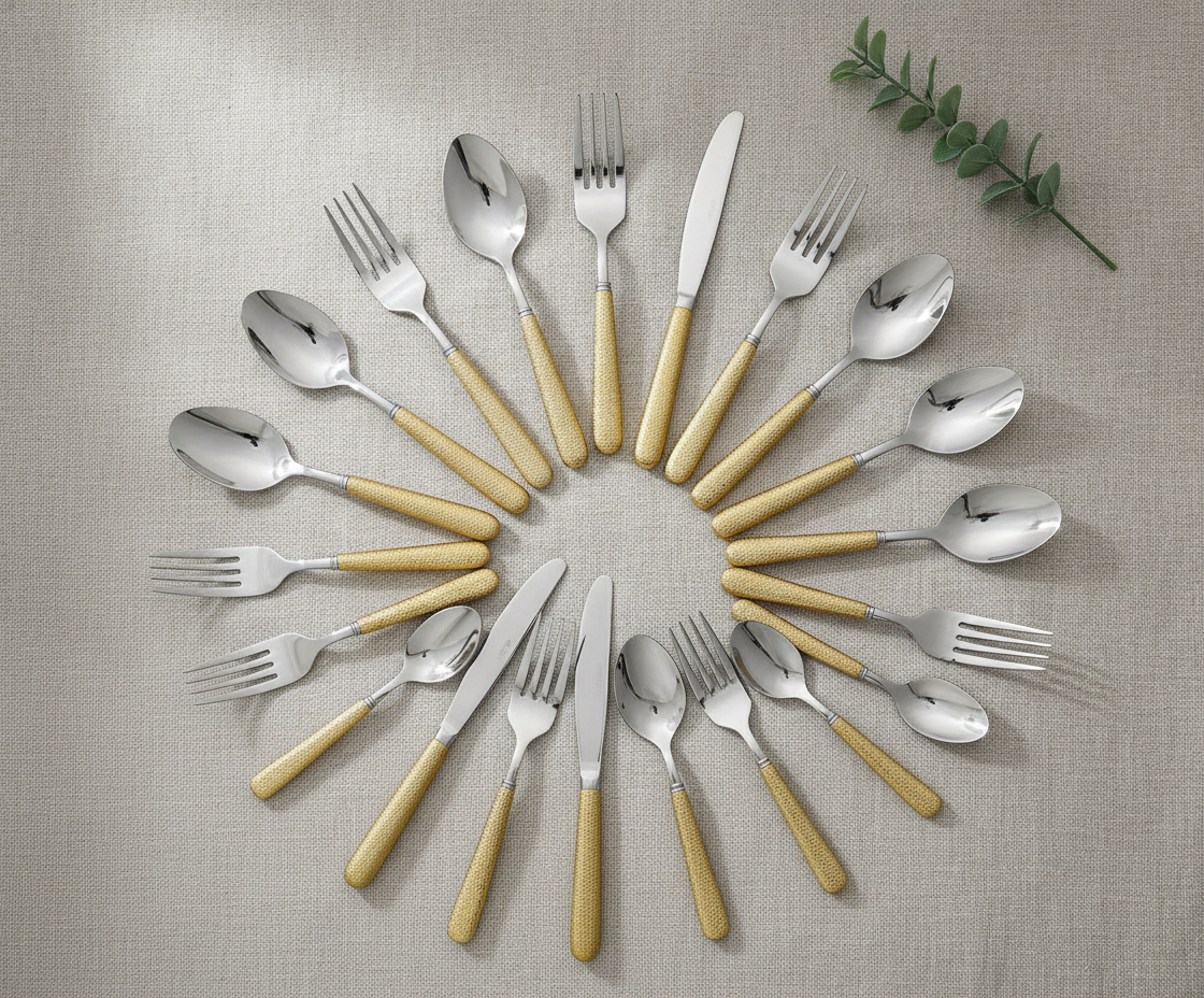 Overhead flat-lay of the full gold-handle silverware set