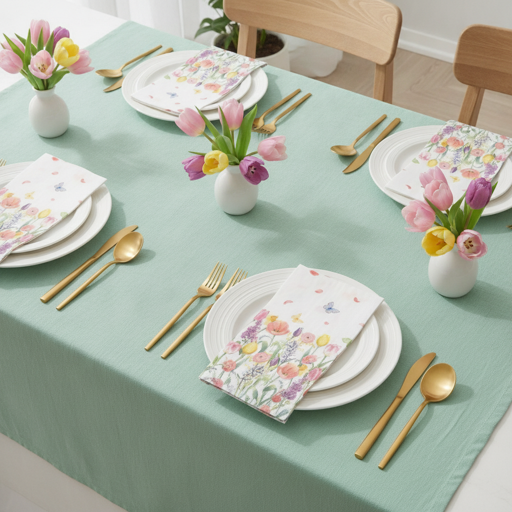 Styled spring tablescape with rectangular tulip floral paper guest napkins and fresh tulips