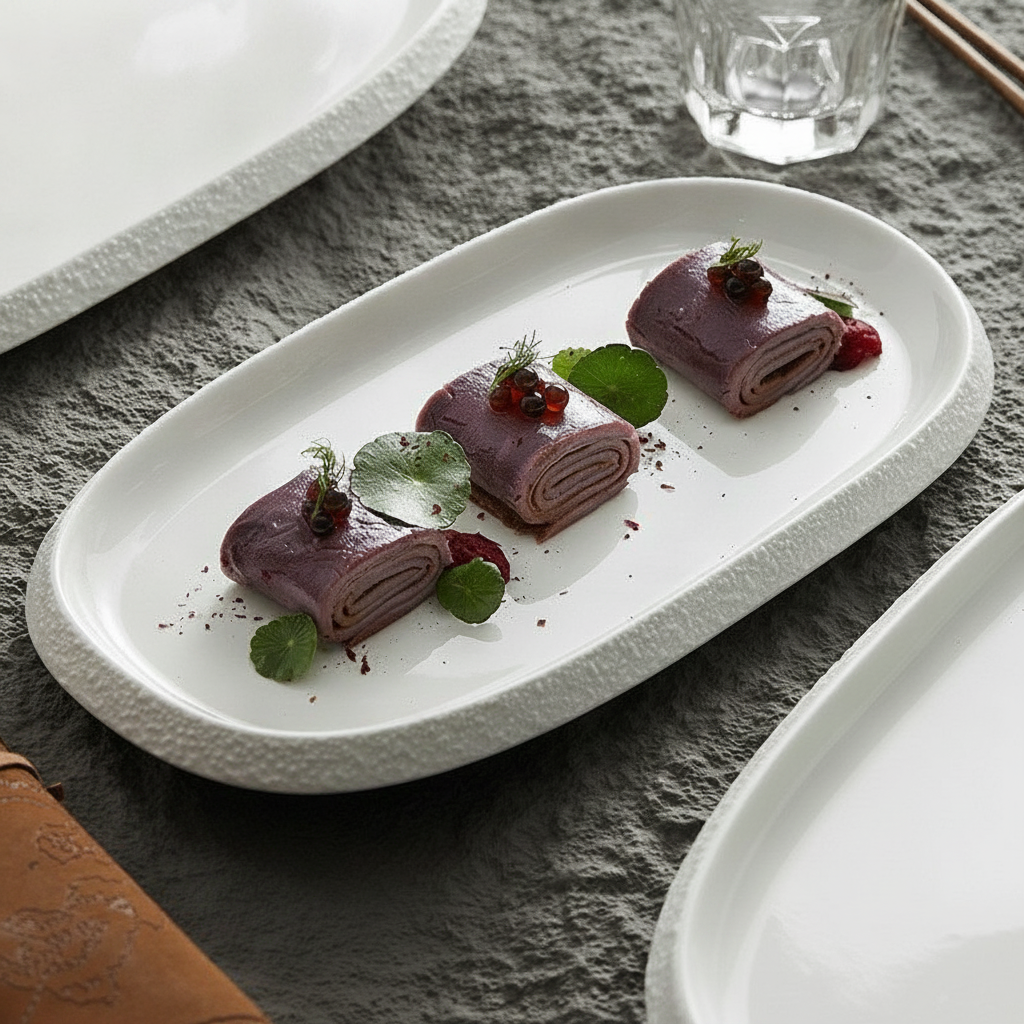 Ovale platter with plated canapes in a fine-dining presentation on a stone table