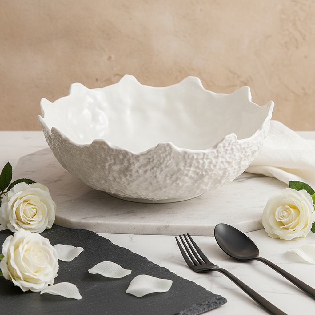 Deep rock-textured scalloped serving bowl three-quarter hero