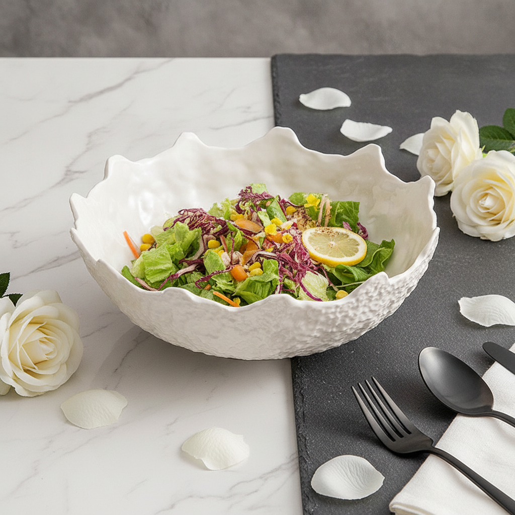 Deep serving bowl filled with salad in use