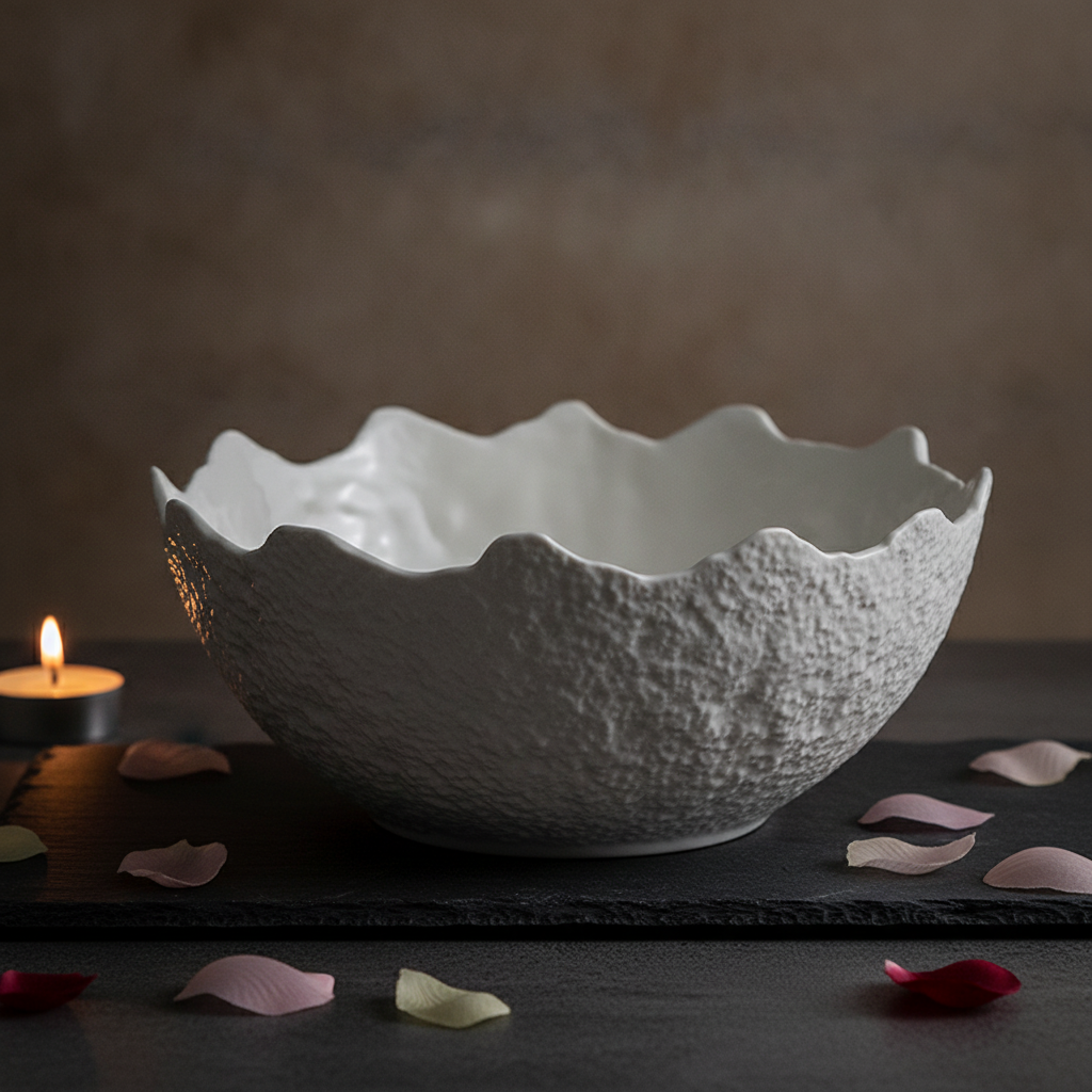 Deep rock-textured serving bowl moody dark scene