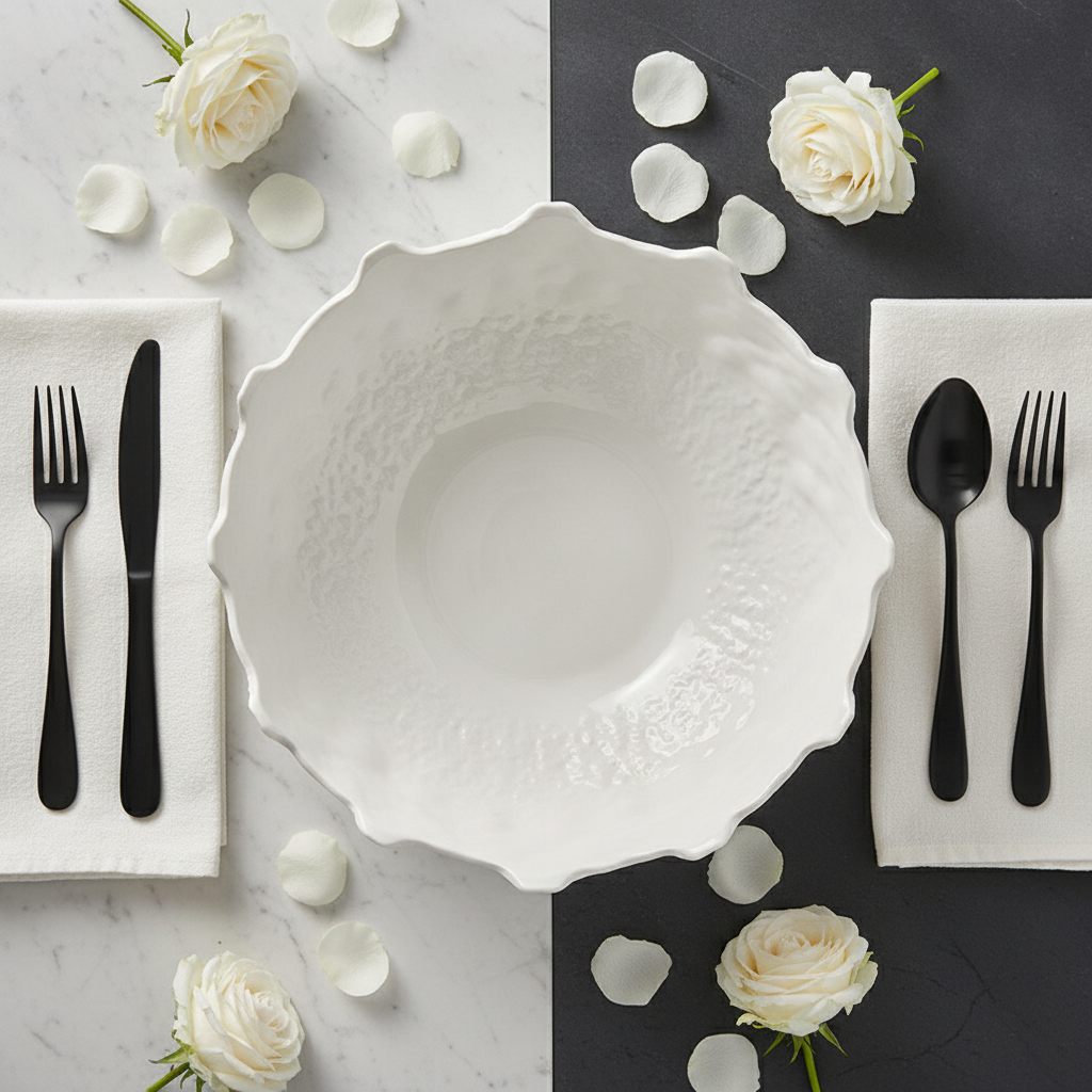 Deep serving bowl overhead flat-lay place setting