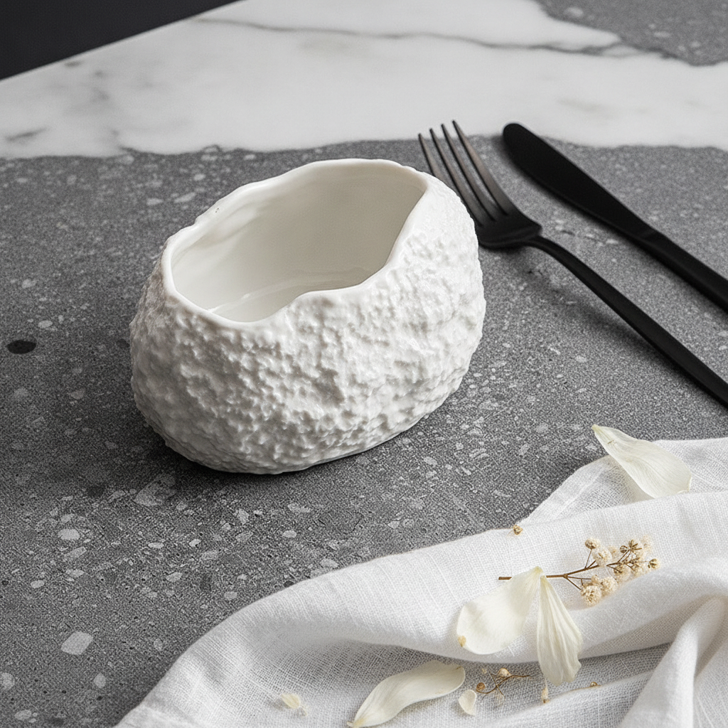 Deep rock-textured white oval bowl, three-quarter hero on marble and slate