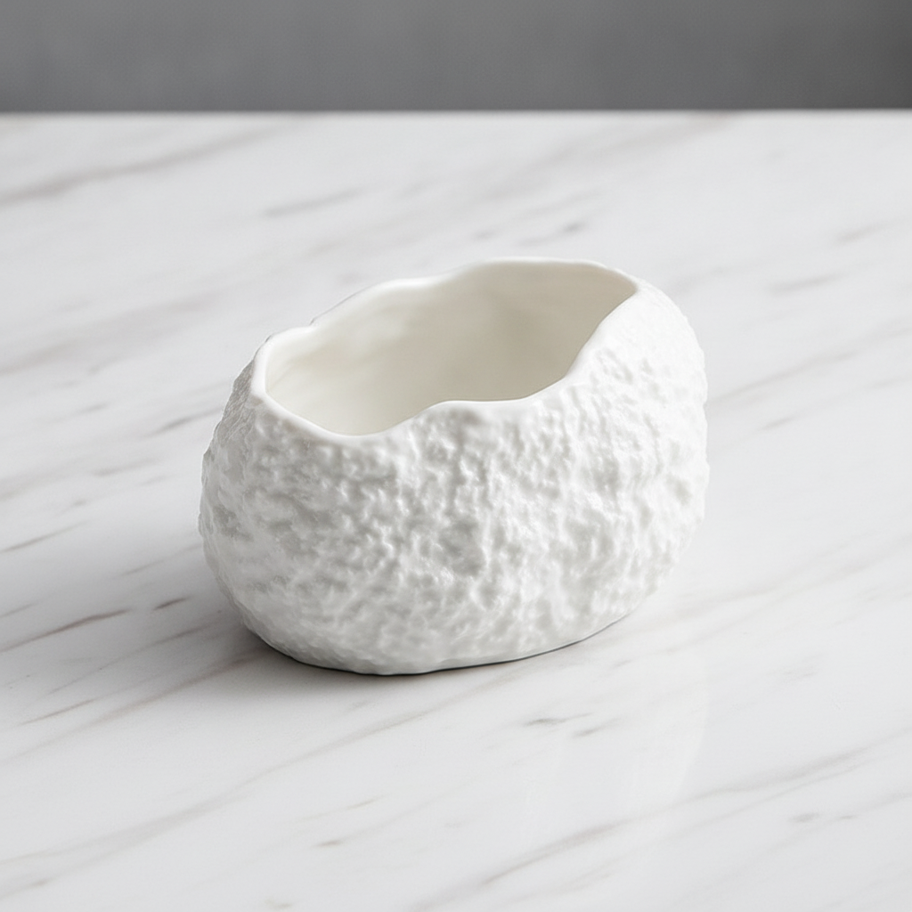 Deep rock-textured white oval bowl, three-quarter side profile on white marble