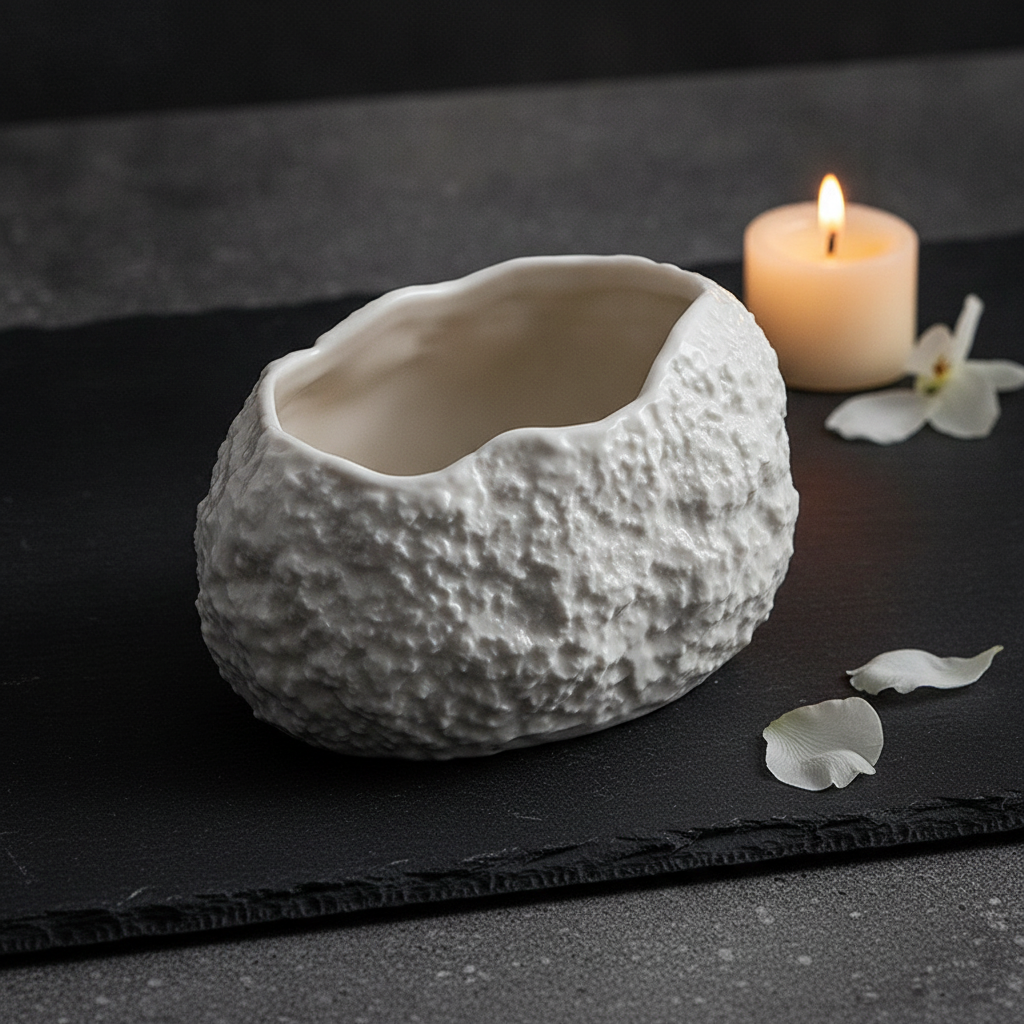 Deep rock-textured white oval bowl, moody dark shot on charcoal slate with candle