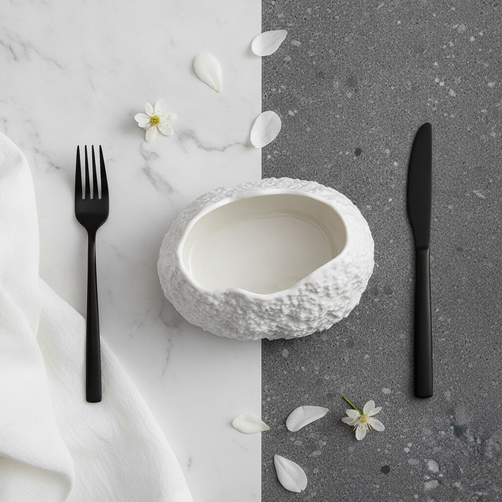 Deep rock-textured white oval bowl, overhead flat-lay place setting