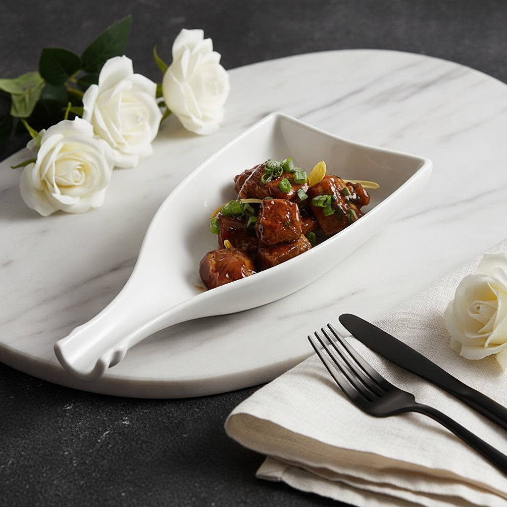 Leaf-shaped white porcelain serving dish with curled tail-handle, three-quarter hero