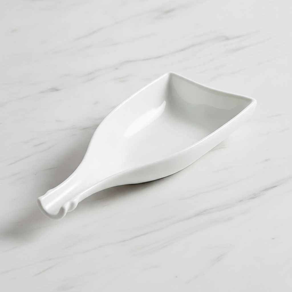 Leaf-shaped white porcelain dish side profile showing deep well