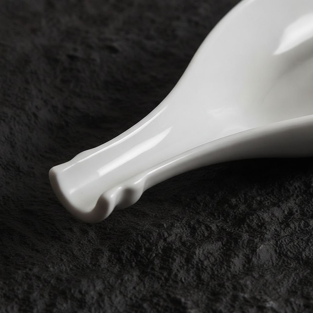 Macro of glossy curled tail-handle and rim of leaf-shaped dish