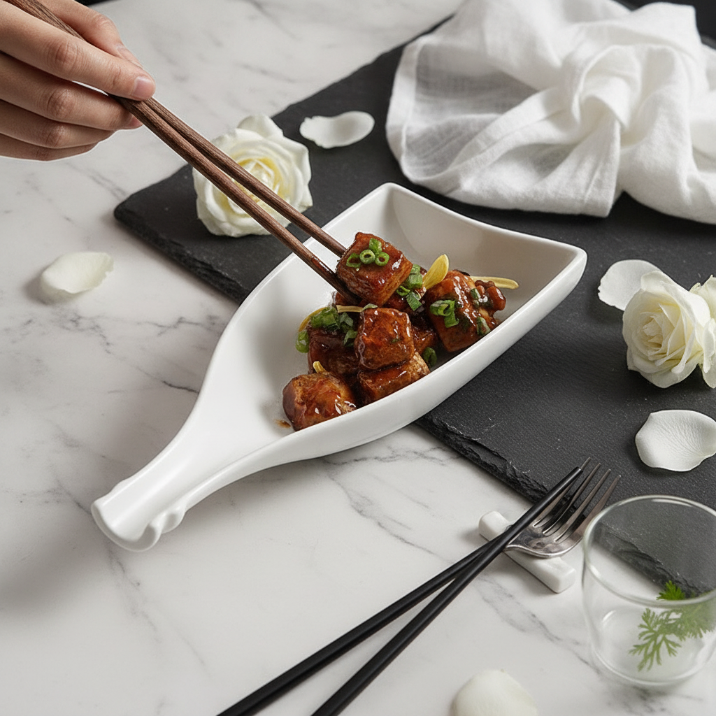Leaf-shaped serving dish in use filled with braised food