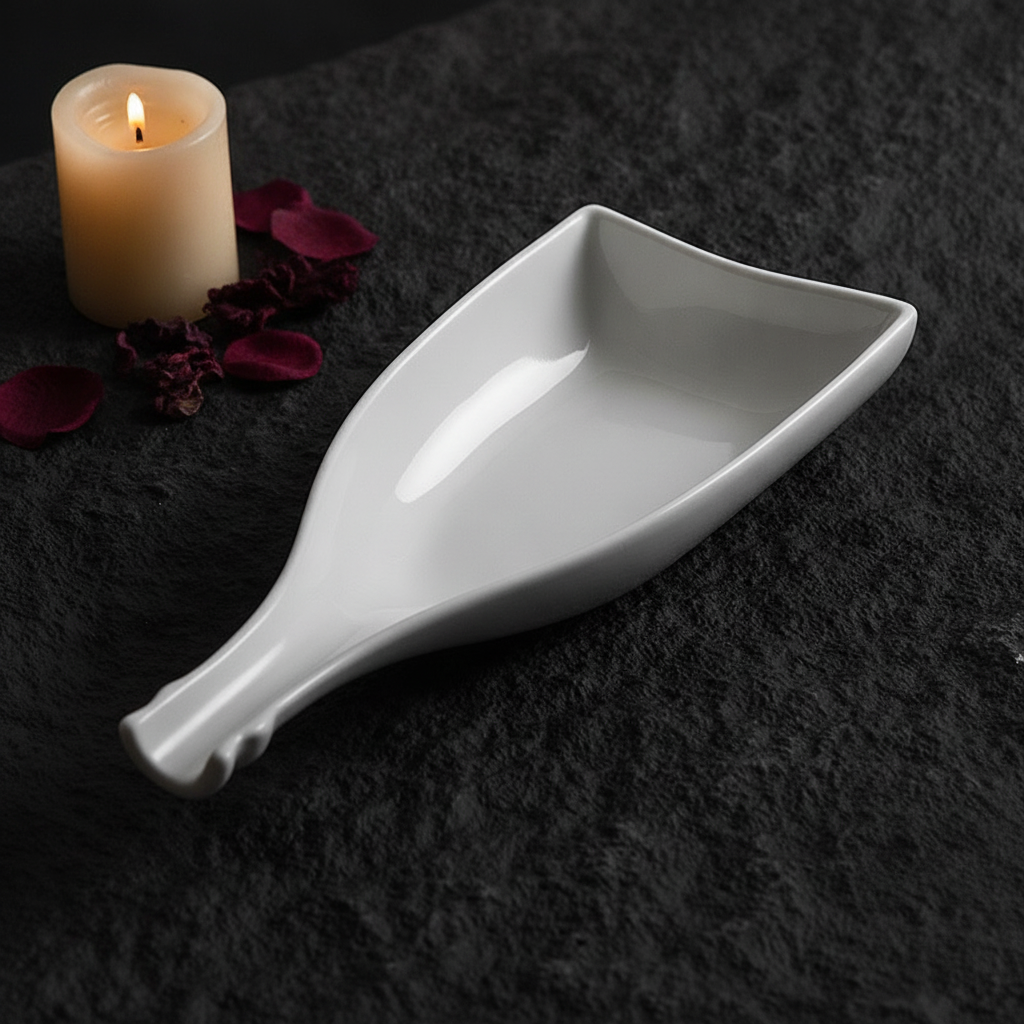 Moody dark shot of leaf-shaped white porcelain dish with deep well