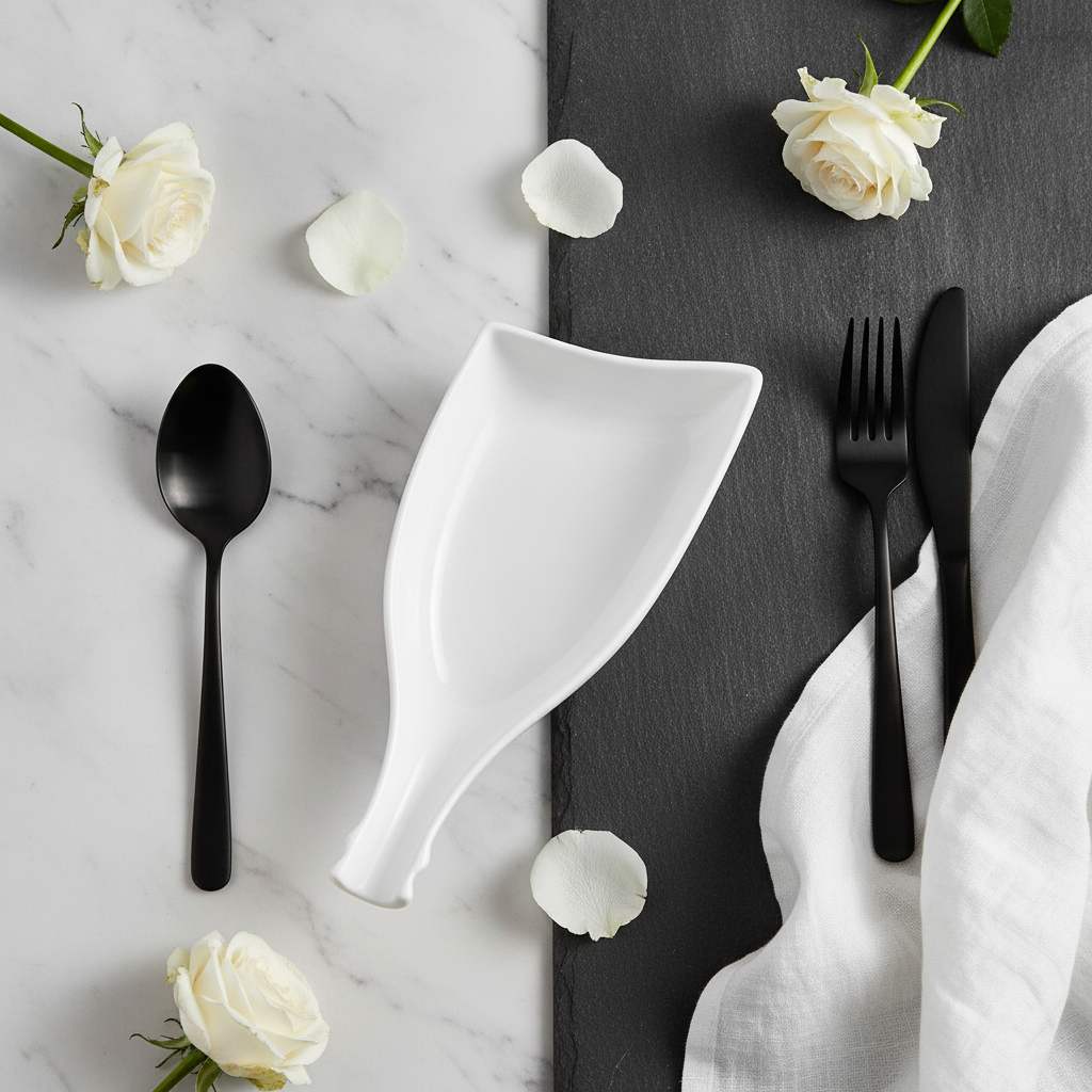 Overhead flat-lay place setting with leaf-shaped serving dish