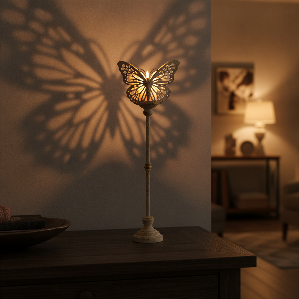 Lit candle glowing through the pierced butterfly wings casting filigree shadows on the wall