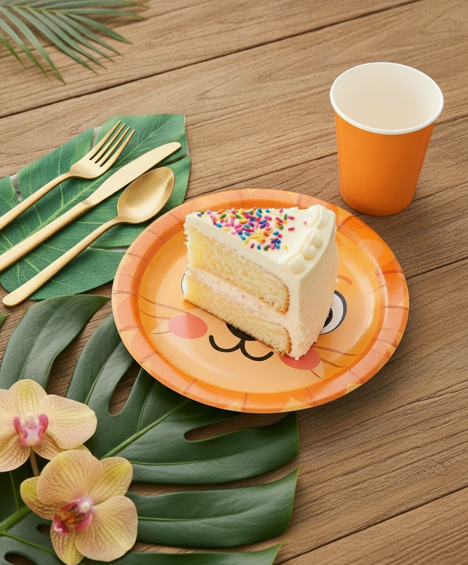 Lion safari animal paper party plate with birthday cake slice and gold cutlery at a place setting