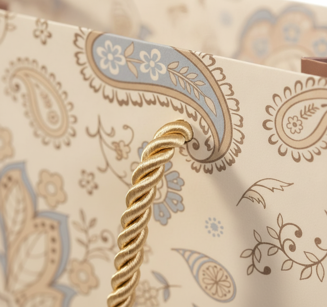 Paisley gift bag filled with tissue paper on linen — Maison's Kitchen