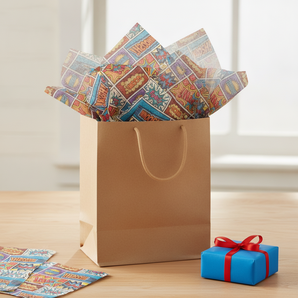 Superhero comic-book tissue paper crumpled as filler puffing out of a kraft gift bag