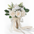 White and champagne artificial rose bridal bouquet on white background