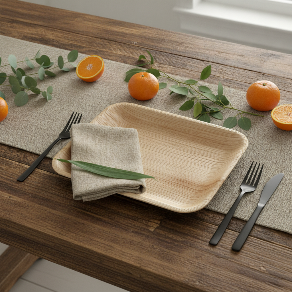 Natural pressed palm leaf disposable rectangular plate styled on a rustic wood table with linen napkin and greenery