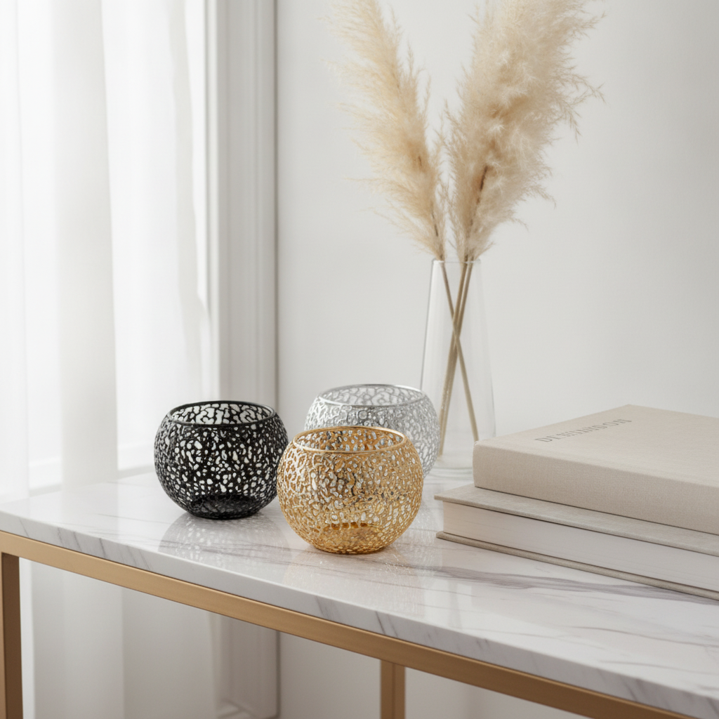 Gold silver and black lace orb candle holders styled on a marble console