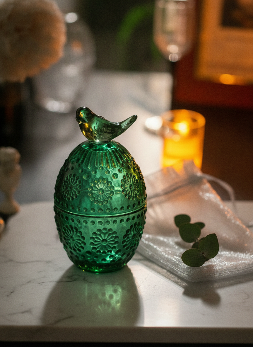 Green glass bird keepsake jar styled as a gift with an organza bag and candle
