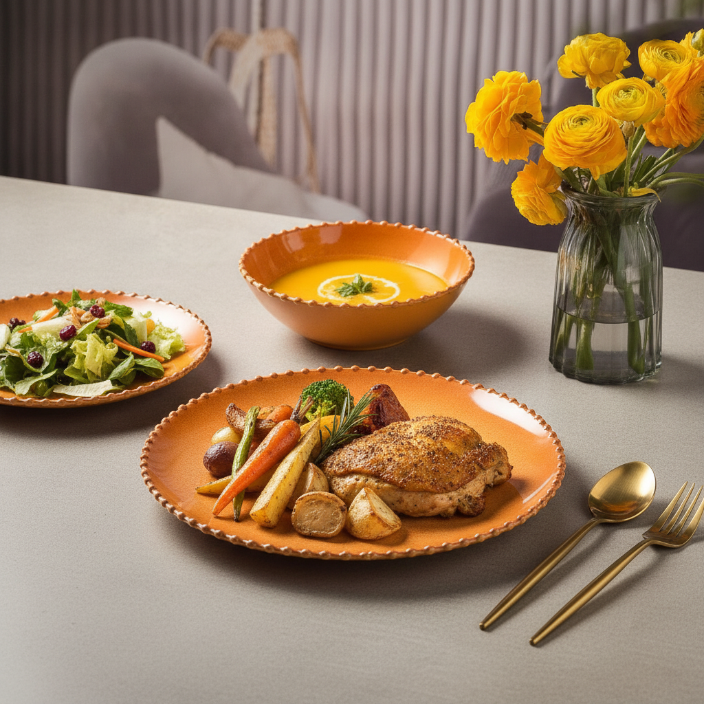 Terracotta beaded-edge melamine place setting with a plated meal, gold cutlery and yellow flowers
